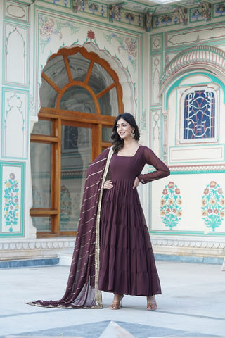 Alluring Brown Faux Georgette Gown with Sequined Dupatta ClothsVilla