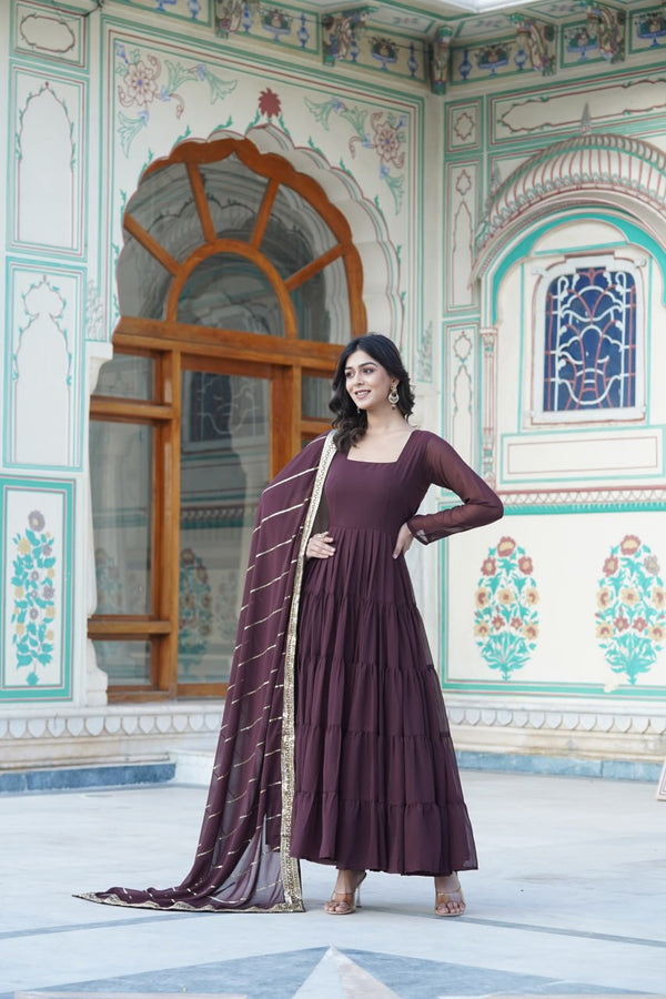 Alluring Brown Faux Georgette Gown with Sequined Dupatta ClothsVilla