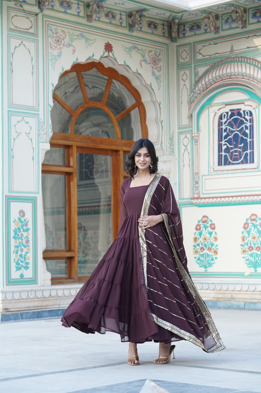 Alluring Brown Faux Georgette Gown with Sequined Dupatta ClothsVilla