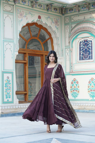 Alluring Brown Faux Georgette Gown with Sequined Dupatta ClothsVilla
