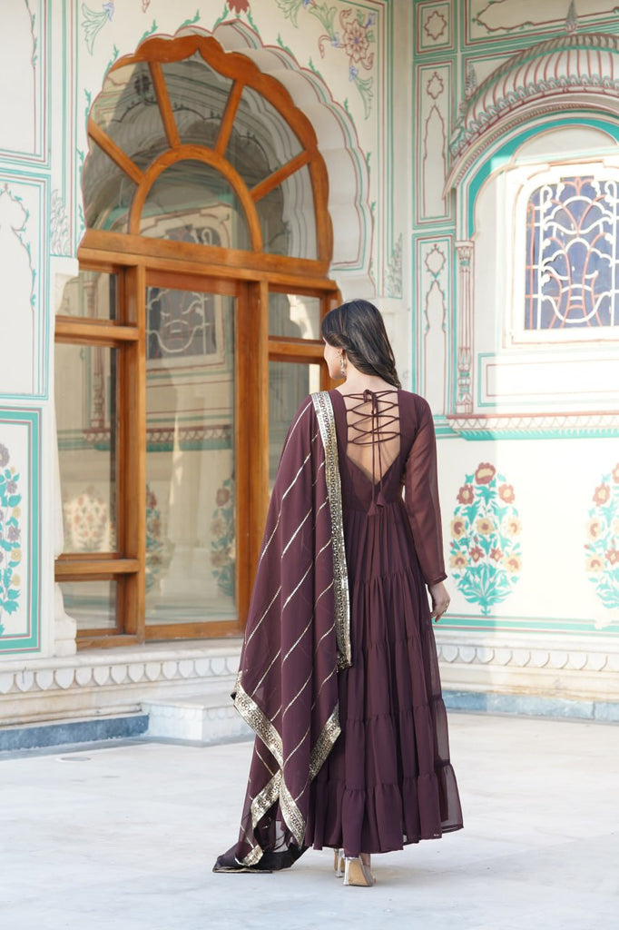 Alluring Brown Faux Georgette Gown with Sequined Dupatta ClothsVilla