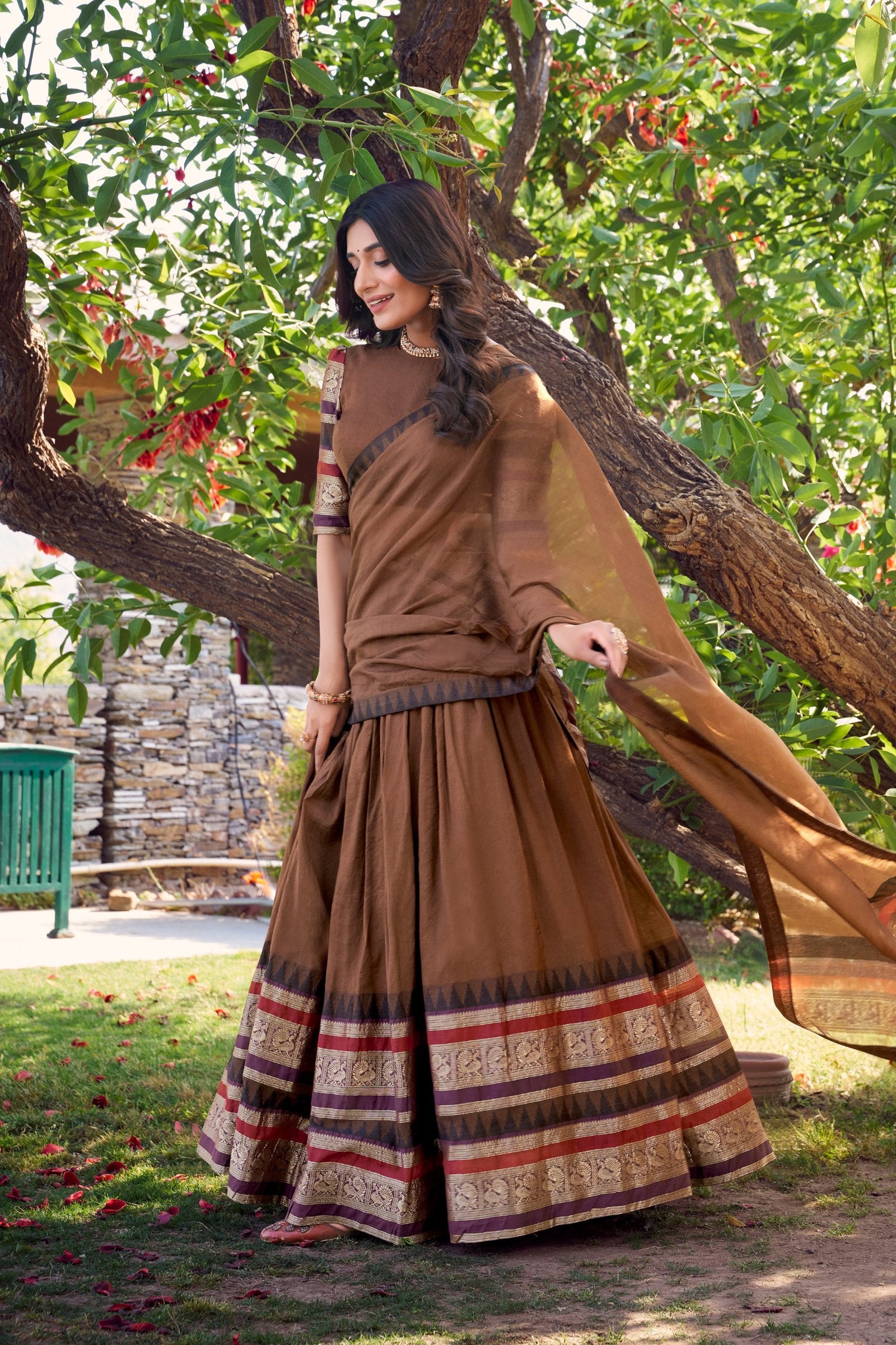 Brown Pure Chanderi Elegance Stitched Lehenga Set with Zari Weaving – 3-Piece Ensemble ClothsVilla