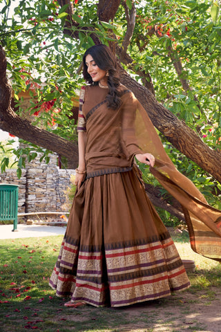 Brown Pure Chanderi Elegance Stitched Lehenga Set with Zari Weaving – 3-Piece Ensemble ClothsVilla