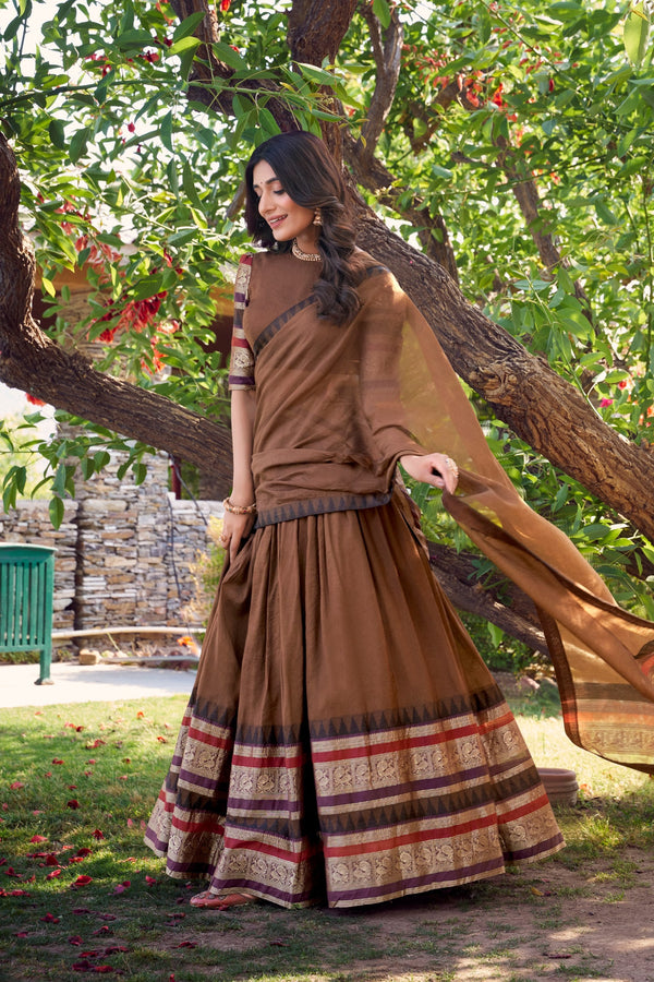 Brown Pure Chanderi Elegance Stitched Lehenga Set with Zari Weaving – 3-Piece Ensemble ClothsVilla