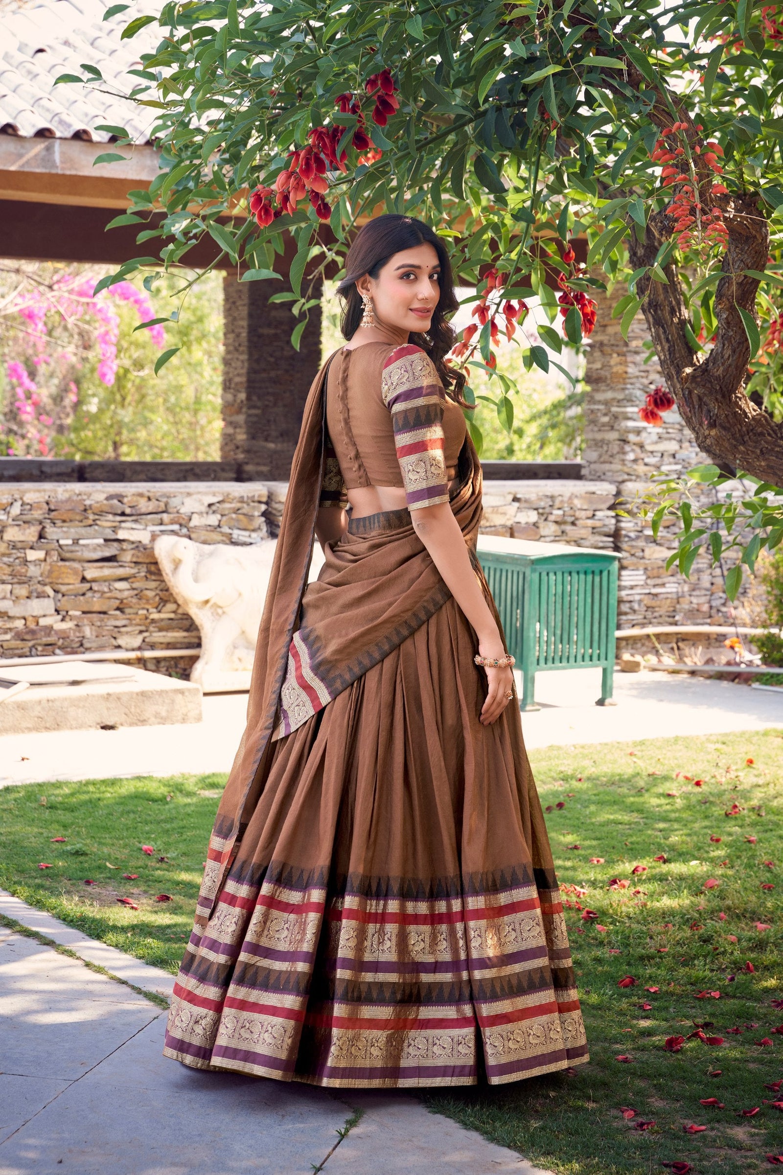 Brown Pure Chanderi Elegance Stitched Lehenga Set with Zari Weaving – 3-Piece Ensemble ClothsVilla