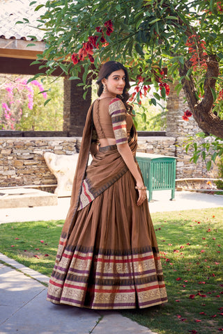 Brown Pure Chanderi Elegance Stitched Lehenga Set with Zari Weaving – 3-Piece Ensemble ClothsVilla