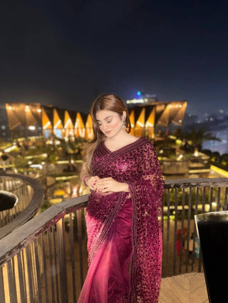 Burgundy Glitter Glamour and Everything in Between  Mesmerizing Net Saree Set Clothsvilla