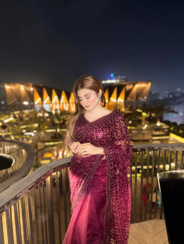 Burgundy Glitter Glamour and Everything in Between  Mesmerizing Net Saree Set Clothsvilla
