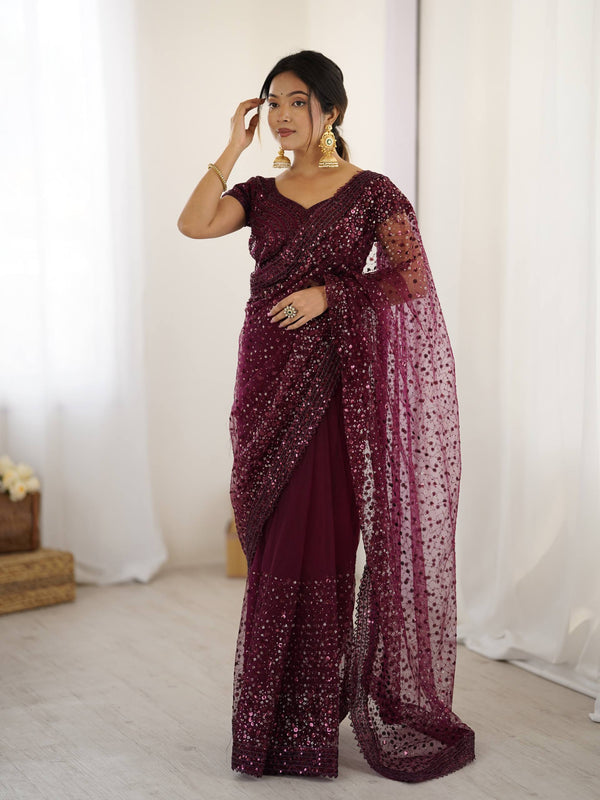 Burgundy Glitter Glamour and Everything in Between  Mesmerizing Net Saree Set Clothsvilla