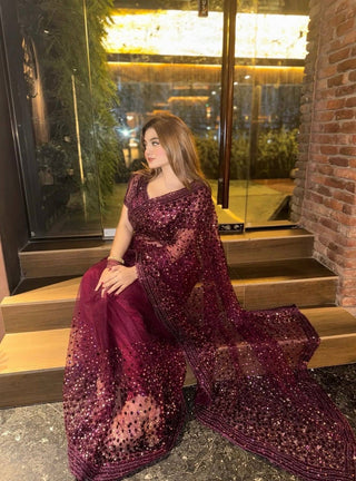 Burgundy Glitter Glamour and Everything in Between  Mesmerizing Net Saree Set Clothsvilla