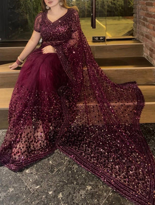 Burgundy Glitter Glamour and Everything in Between  Mesmerizing Net Saree Set Clothsvilla