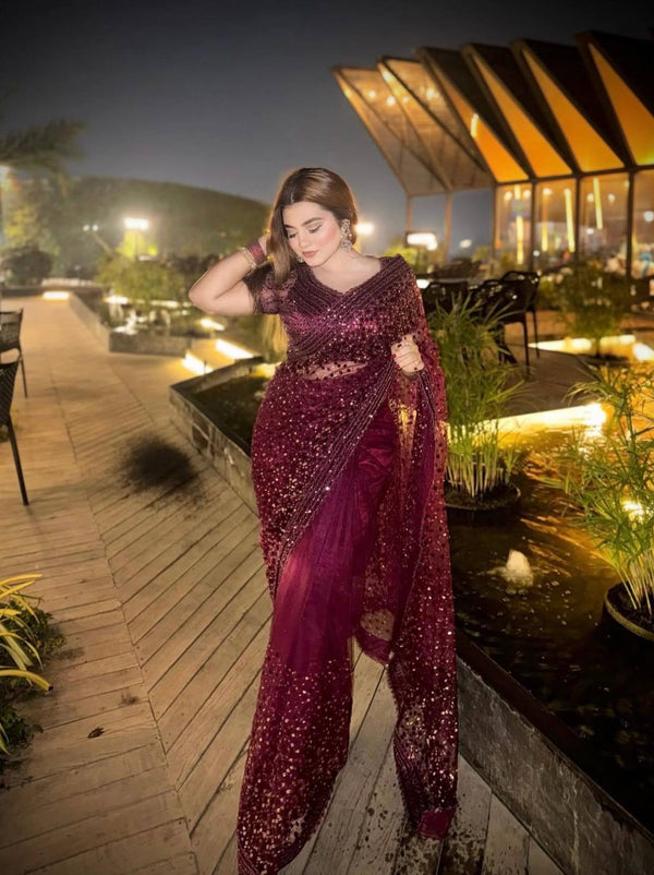 Burgundy Glitter Glamour and Everything in Between  Mesmerizing Net Saree Set Clothsvilla