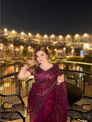 Burgundy Glitter Glamour and Everything in Between  Mesmerizing Net Saree Set Clothsvilla