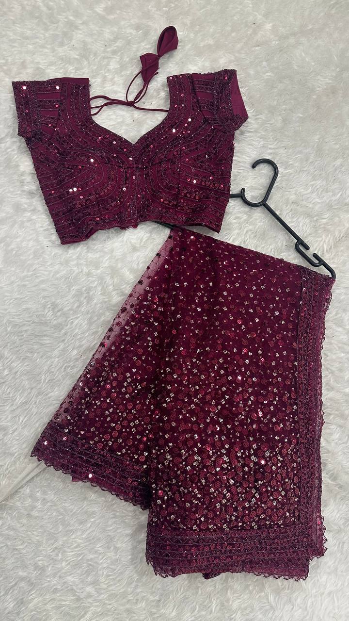 Burgundy Glitter Glamour and Everything in Between  Mesmerizing Net Saree Set Clothsvilla