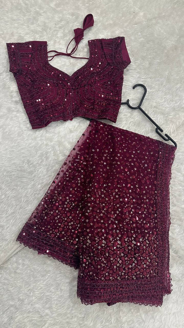 Burgundy Glitter Glamour and Everything in Between  Mesmerizing Net Saree Set Clothsvilla