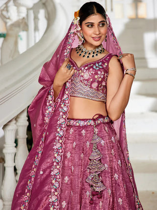 Burgundy Premium Tissue Fabric Semi-Stitched Lehenga Set with Sequins, Coding & Thread Embroidery Work ClothsVilla