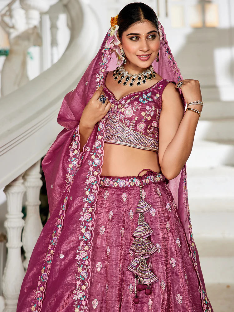 Burgundy Premium Tissue Fabric Semi-Stitched Lehenga Set with Sequins, Coding & Thread Embroidery Work ClothsVilla