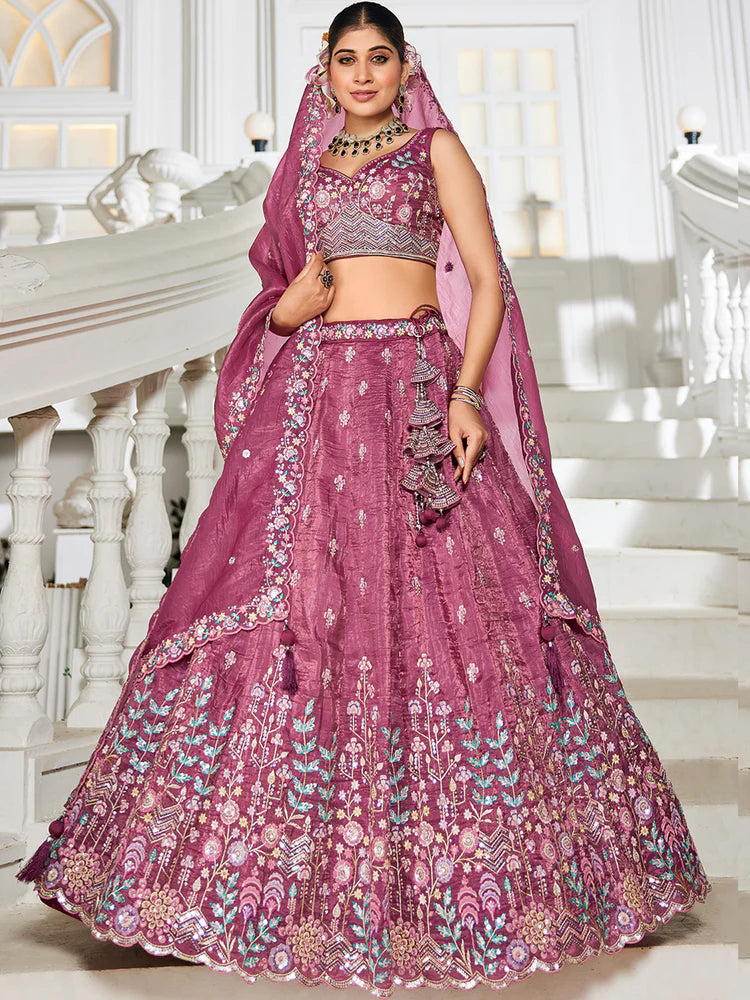 Burgundy Premium Tissue Fabric Semi-Stitched Lehenga Set with Sequins, Coding & Thread Embroidery Work ClothsVilla
