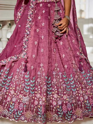 Burgundy Premium Tissue Fabric Semi-Stitched Lehenga Set with Sequins, Coding & Thread Embroidery Work ClothsVilla