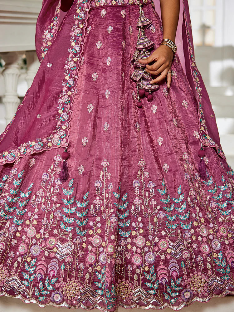 Burgundy Premium Tissue Fabric Semi-Stitched Lehenga Set with Sequins, Coding & Thread Embroidery Work ClothsVilla