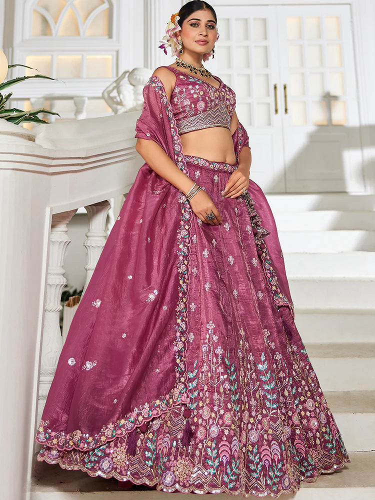 Burgundy Premium Tissue Fabric Semi-Stitched Lehenga Set with Sequins, Coding & Thread Embroidery Work ClothsVilla