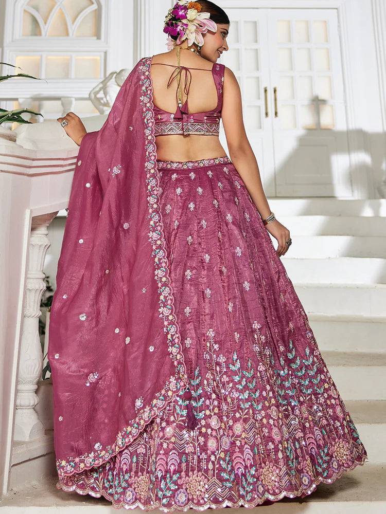 Burgundy Premium Tissue Fabric Semi-Stitched Lehenga Set with Sequins, Coding & Thread Embroidery Work ClothsVilla