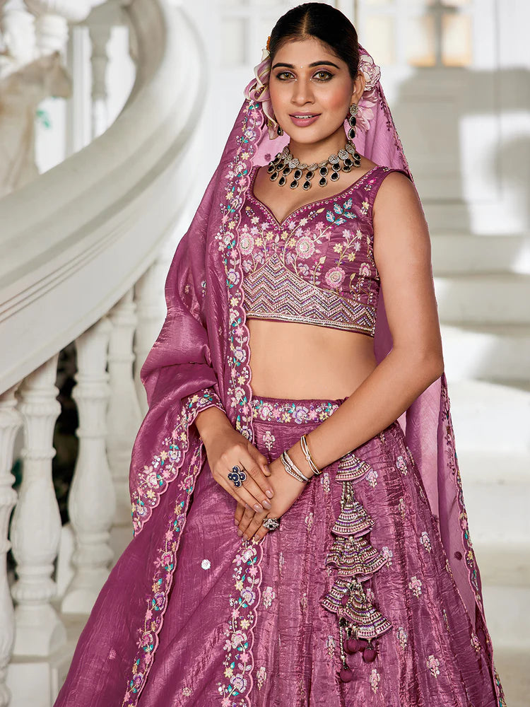 Burgundy Premium Tissue Fabric Semi-Stitched Lehenga Set with Sequins, Coding & Thread Embroidery Work ClothsVilla