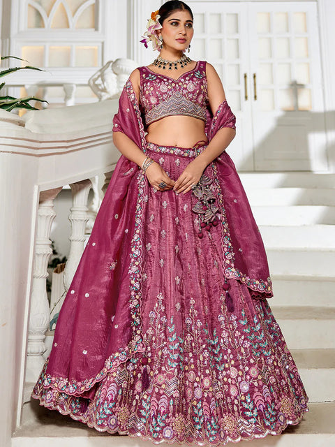 Burgundy Premium Tissue Fabric Semi-Stitched Lehenga Set with Sequins, Coding & Thread Embroidery Work ClothsVilla Main image