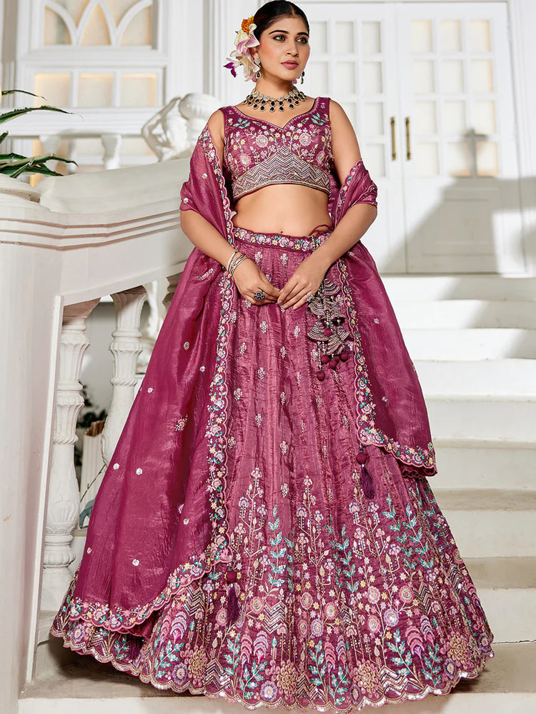 Burgundy Premium Tissue Fabric Semi-Stitched Lehenga Set with Sequins, Coding & Thread Embroidery Work ClothsVilla