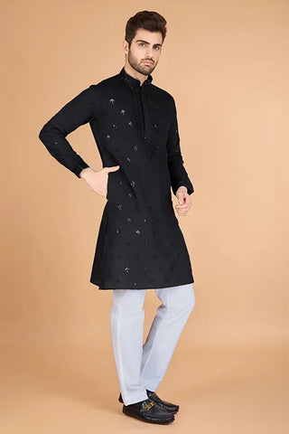 Stylish Black Kurta for Men with Thread Work Design Clothsvilla