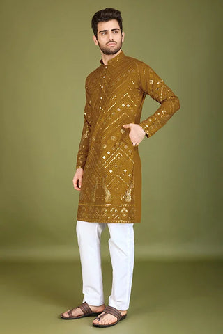Yellow Viscose Rayon Men's Kurta with Thread & Sequence Work Clothsvilla