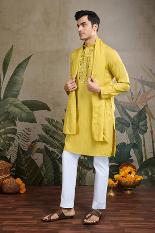 Stylish Look Perfect Haldi Yellow Color Men's Kurta with Dupatta Clothsvilla