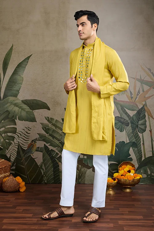 Stylish Look Perfect Haldi Yellow Color Men's Kurta with Dupatta Clothsvilla