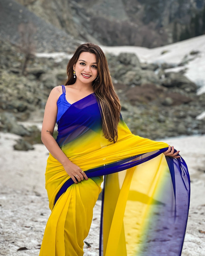 Dual-Tone Yellow Blue Georgette Printed Saree for Daily & Festive Look FANCY SAREES
