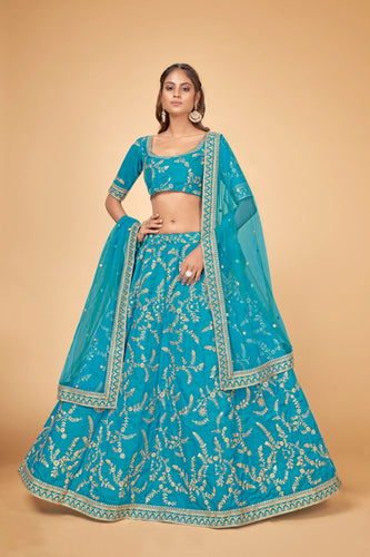 Blue & Gold Embroidered Poly Silk Lehenga Choli ClothsVilla