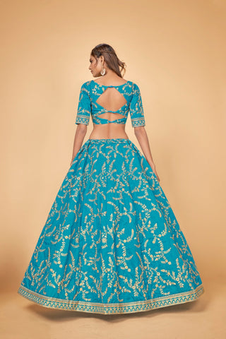 Blue & Gold Embroidered Poly Silk Lehenga Choli ClothsVilla