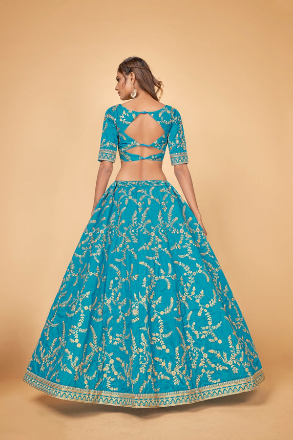 Blue & Gold Embroidered Poly Silk Lehenga Choli ClothsVilla