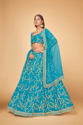 Blue & Gold Embroidered Poly Silk Lehenga Choli ClothsVilla