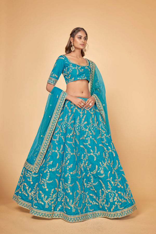 Blue & Gold Embroidered Poly Silk Lehenga Choli ClothsVilla