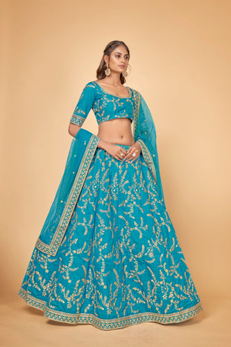 Blue & Gold Embroidered Poly Silk Lehenga Choli ClothsVilla