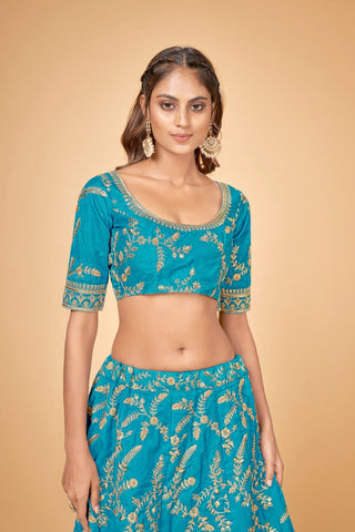 Blue & Gold Embroidered Poly Silk Lehenga Choli ClothsVilla