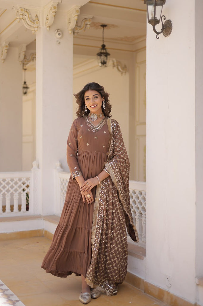 Enthralling Sequin Embroidered Coffee Color Gown with Designer Dupatta - Festive Wear ClothsVilla