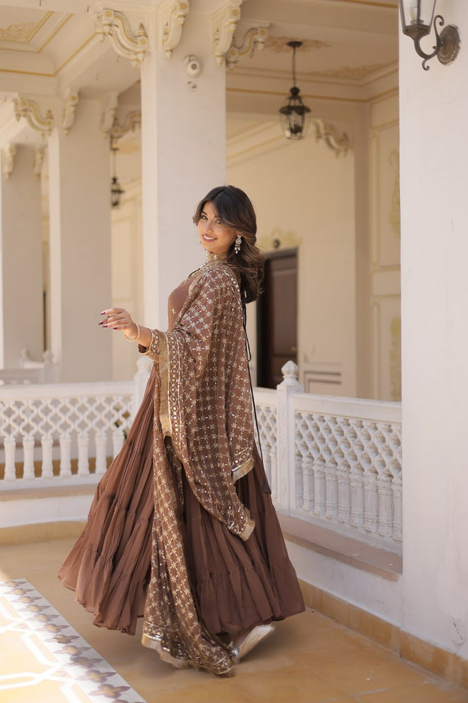 Enthralling Sequin Embroidered Coffee Color Gown with Designer Dupatta - Festive Wear ClothsVilla