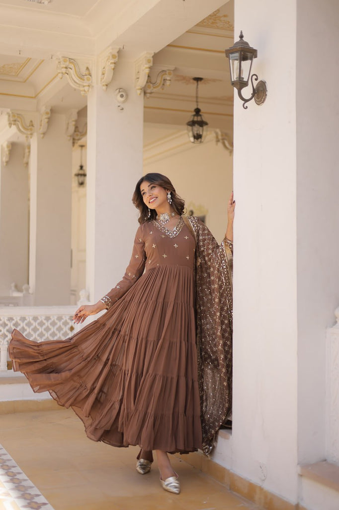 Enthralling Sequin Embroidered Coffee Color Gown with Designer Dupatta - Festive Wear ClothsVilla