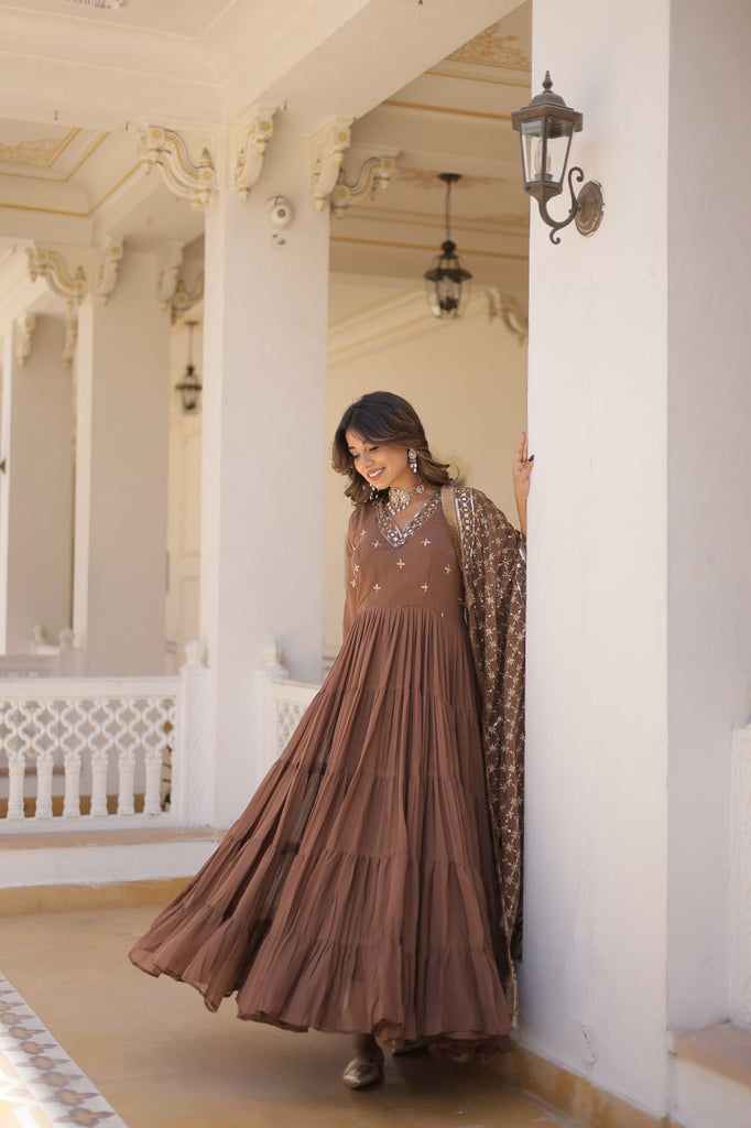 Enthralling Sequin Embroidered Coffee Color Gown with Designer Dupatta - Festive Wear ClothsVilla