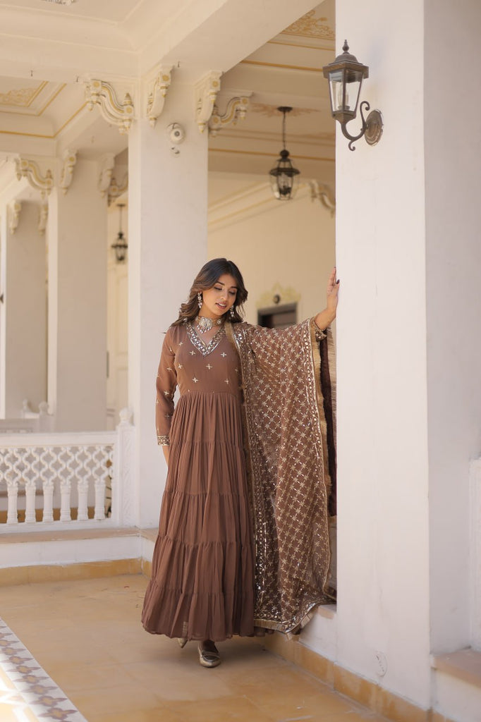 Enthralling Sequin Embroidered Coffee Color Gown with Designer Dupatta - Festive Wear ClothsVilla