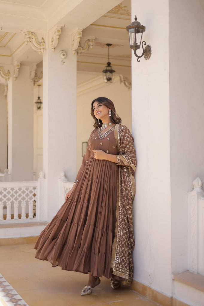 Enthralling Sequin Embroidered Coffee Color Gown with Designer Dupatta - Festive Wear ClothsVilla