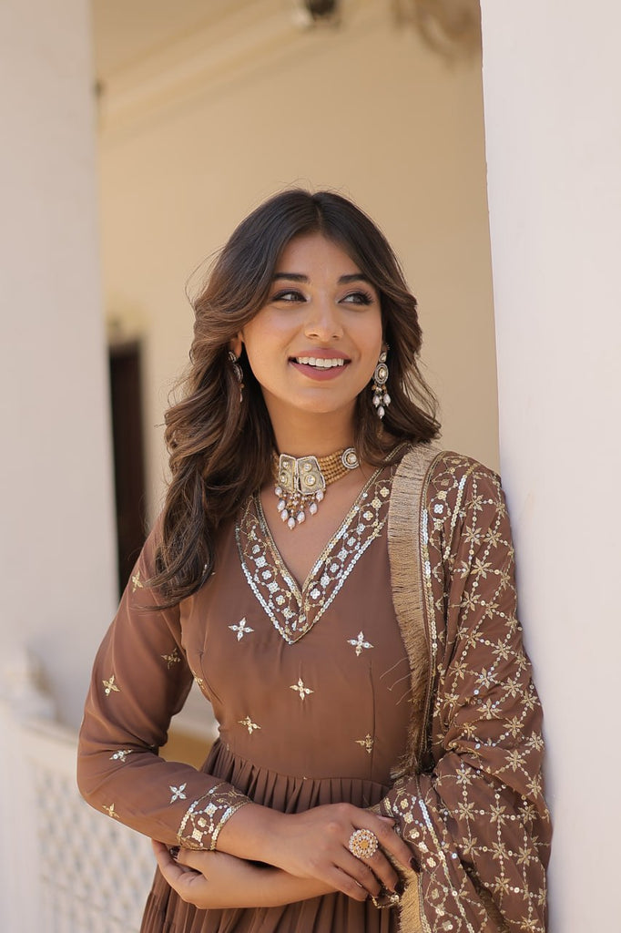 Enthralling Sequin Embroidered Coffee Color Gown with Design Enthralling Sequin Embroidered Coffee Color Gown with Design