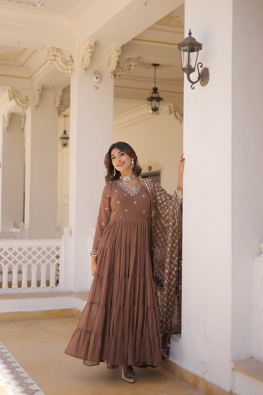 Enthralling Sequin Embroidered Coffee Color Gown with Design