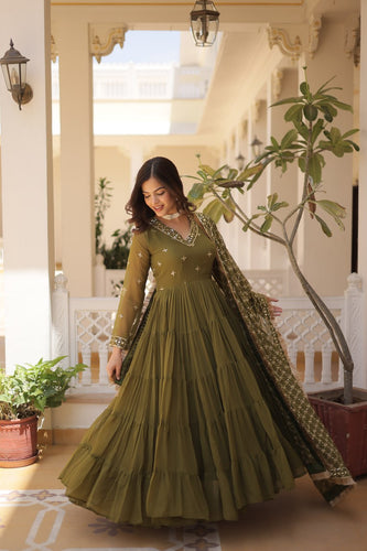Enthralling Sequin Embroidered Mehendi Color Gown with Designer Dupatta - Festive Wear ClothsVilla